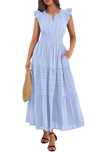 BTFBM Womens Summer Maxi Dress 2026 Spring Boho Vacation Ruffle Flutter Short Sleeve A Line Tiered Flowy Dresses Pockets(Light Blue, X-Large) - Thumbnail 2