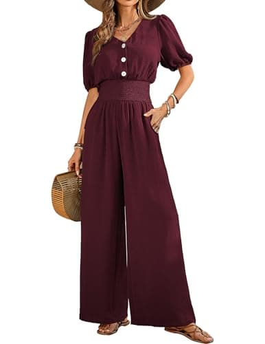 LOOKBOHO Womens Jumpsuits Dressy Puff Smocked High Waist Short Sleeves Wide Leg Rompers Formal V Neck One Piece Red XXL - Image 1