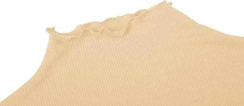 Women's Lettuce Trim Mock Neck Long Sleeve Slim Fit Ribbed Knit Tee Shirt Tops Apricot L - Thumbnail 4