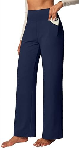 IUGA Wide Leg Yoga Pants Women with Pockets Stretch Work Pants Women High Waisted Business Casual Trousers Sweatpants Dark Blue - Image 1