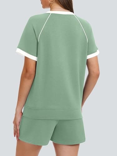 Casly Lamiit Two Piece Sets for Women Travel Airport Outfits Summer Short Sleeve Top Color Block Shorts Spring Casual Lounge Set Pea Green 2XL - Thumbnail 3