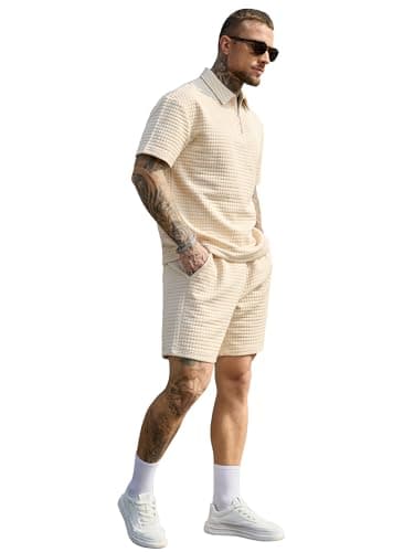 JEMLDL Men's Short Sets 2 Piece Polo Shirt Summer Outfits Casual Fashion Jogging Track Suits Short Sleeve Travel Sweatsuit Light Khaki 3X-Large - Thumbnail 4