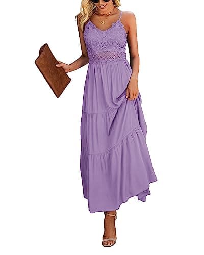 Dokuritu Women's Bridesmaid Dresses Beach Crochet Lace Maxi Dress Solid Color Wedding Guest Vacation Summer Spaghetti Strap Long Dress 2025(Purple, M) - Image 1