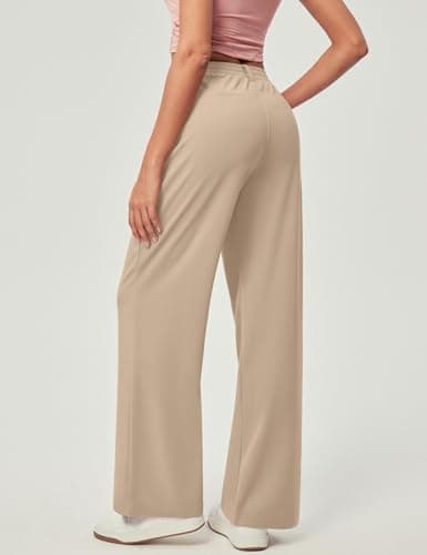 IUGA Wide Leg Pants Woman Pull on Stretchy Work Dress Pants High Waisted Business Casual Trousers Slacks Standard, Large, Light Khaki - Thumbnail 2