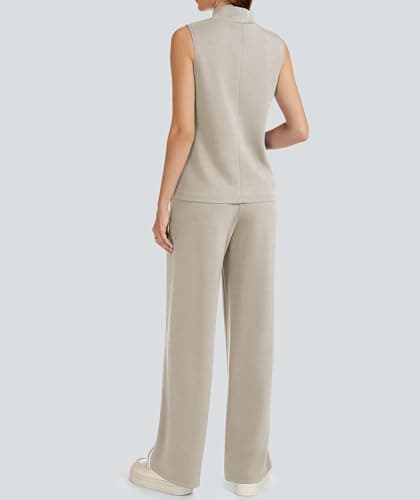 Casly Lamiit Two Piece Sets for Women Lounge Travel Outfits Casual Sweatsuit Matching Airport Clothes Sleeveless Tops Long Jogging Pants Dark Beige S - Thumbnail 5