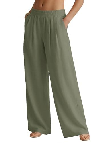JEKAOYI Womens Casual Linen Pants Wide Leg Palazzo Flowy Summer Pants 2026 Beach Vacation Travel Trousers with Pockets Army Green - Image 1