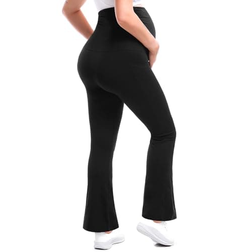 Leafigure Maternity Flare Leggings with Pockets Over The Belly Yoga Pants for Workout Soft Pregnancy Activewear Black L - Thumbnail 2