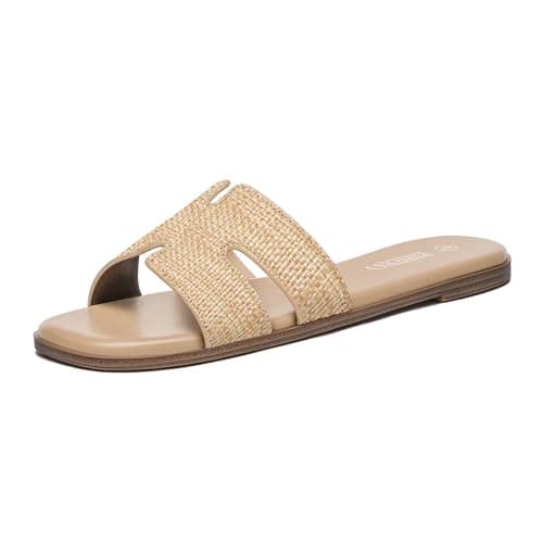 Rihero Women's Dressy Flat Sandals Comfortable Slip On Leather Slide Raffia Sandals - Image 1