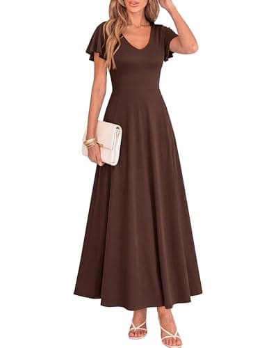 BTFBM Formal Dresses for Women Summer Outfits V Neck Ruffle Sleeve A Line Maxi Elegant Cocktail Wedding Guest Dress 2026(Brown, XX-Large) - Image 1