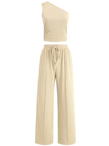 Casly Lamiit Two Piece Sets for Women Summer Spring Outfits Airport Travel Beach Vacation Off Shoulder Wide Leg Pants Set Loungewear 2026 Light Beige XS - Image 1