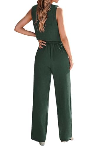 KIRUNDO Two Piece Outfits for Women Summer Sets 2026 Trendy Button Crop Vest Wide Leg Pantsuit Matching Set Spring Fashion Clothes(Dark Green, XX-Large) - Thumbnail 2