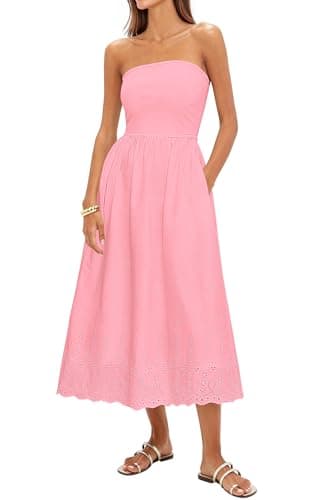 PRETTYGARDEN Womens Summer Dresses 2026 Sexy Sleeveless Tube Top Long Dress Eyelet Cotton Maxi Beach Sundress Pockets(Pink,Small) - Image 1
