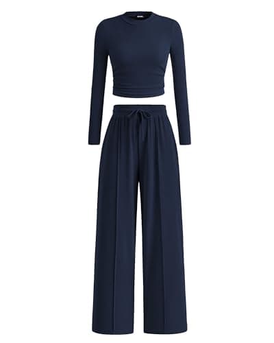 BTFBM Casual 2 Piece Sets For Women Fall Outfits 2026 Ribbed Spring Long Sleeve Crop Top Wide Leg Pants Matching Lounge Set(Navy, Large) - Image 1