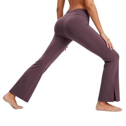 AMLEER Women's High Waist Full-Length Flare Leggings with Side Slit - Tummy Control Butt Lifting Gym Yoga Pants (Brown, X-Large) - Image 1
