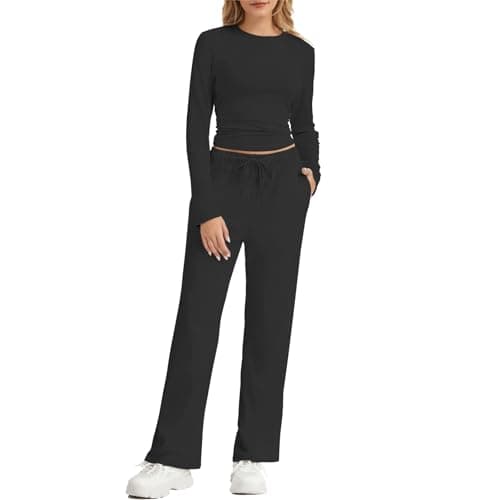 MAGICATELIER Women 2 Piece Long Sleeve Lounge Sets Matching Outfits Side Ruching Slim Fit Wide Leg Pants Pockets Casual Workout Sweatsuit - Image 1