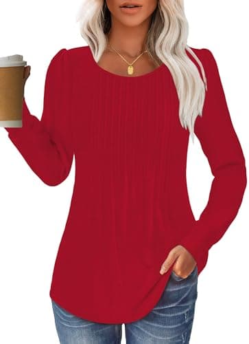 GKBK Women Long Sleeve Shirts Fall Tops Dressy Pleated Scooped Neck Tunic Tops for Leggings Red L - Image 1