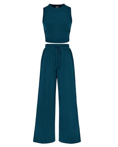 BTFBM Summer Outfits For Women 2026 Cropped Sleeveless Tank Tops Wide Leg Pants 2 Piece Sets Beach Lounge Set Clothing(Lake Blue, X-Large) - Image 1