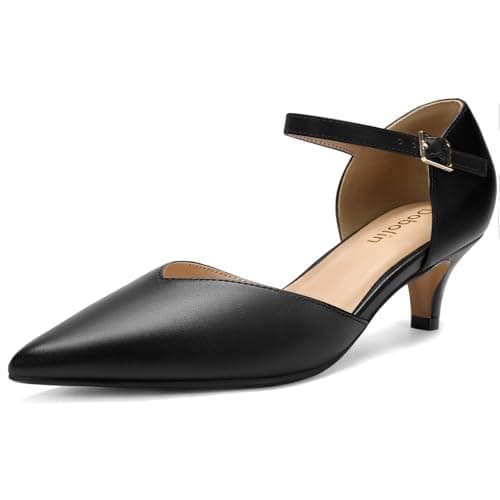DOBOLIN Comfort Kitten Heels Pumps for Women Low Heels Ankle Strap Elegant Pointed Closed Toe Dress Dance Shoes for Party Wedding, 7.5 Size Black - Image 1
