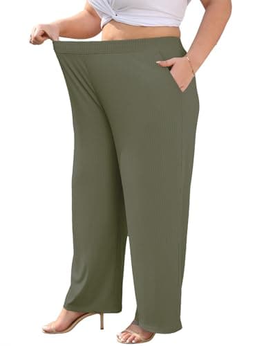 Lastshe Plus Size Wide Leg Pants for Women High Waisted Pull On Stretchy Knit Trousers Comfy Lounge Slacks,Military Green,2X - Thumbnail 5
