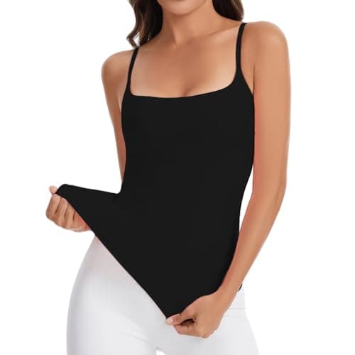 CORSKI Womens Double Lined Square Neck Tank Tops Adjustable Spaghetti Strap Camisole Y2K Going Out Cami Shirt Black - Image 1
