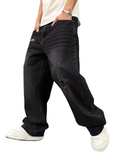 ALLABREVE Men's Baggy Hip Hop Jeans Y2k Wide Leg Denim Pants Relaxed Fit Skater Trousers Streetwear Black 01 - Image 1
