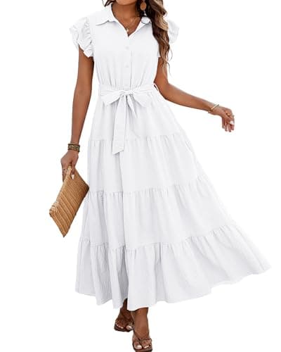 dowerme Women Summer Dress Trendy Ruffle Sleeve Button V Neck Belted Pleated Tiered Loose Boho Flowy Shirt Dresses 2025(White,Medium) - Image 1