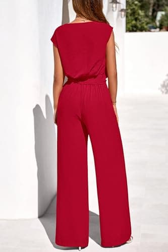 PRETTYGARDEN Women 2 Piece Lounge Sets 2026 Casual Summer Outfits Cap Sleeve Strappy Crop Tops Wide Leg Pant Tracksuit(Red,Large) - Thumbnail 5