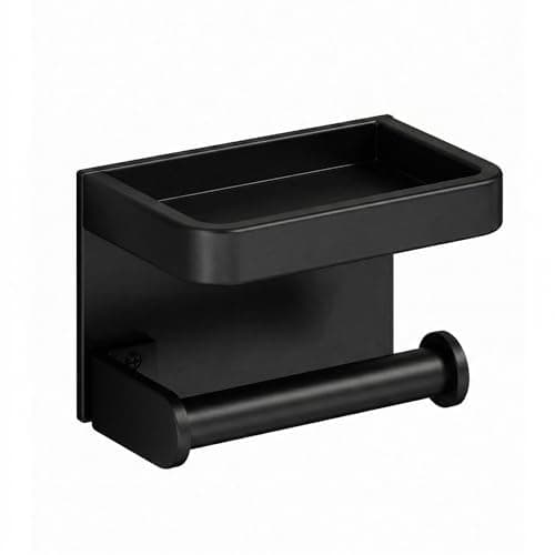 Lavstow Toilet Paper Roll Holder with Phone Shelf, Adhesive or Screw Aluminum Tissue Roll Holder Wall Mount, Rustproof for Bathroom,Washroom Black