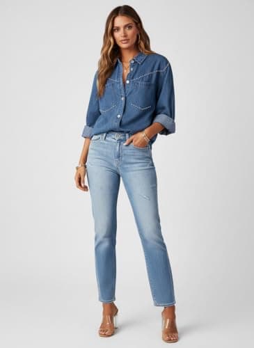 Dokotoo Denim Shirt Women Casual Chambray Jean Western Shirts Country Concert Outfits V Neck Long Sleeve Button Down Shirts for Women Rhinestone Top Loose Fit Denim Tops Lightweight Jacket Sky Blue S - Thumbnail 2