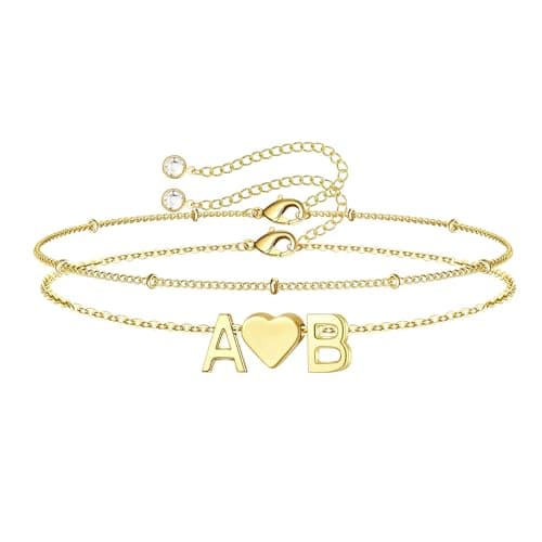 Turandoss Friendship Bracelets - Friend Female Gifts, Friendship Gifts for Women, 14K-Gold-Plated Layered Heart Double Letter AB Bracelets Jewelry - Image 1