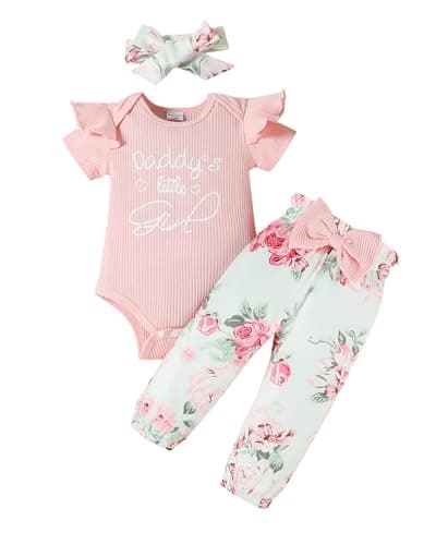 FAMIHAO Baby Girl Clothes Newborn Infant Outfits Ruffle Romper+ Floral Pants + Cute Headband Sets for Girls,Pink 12-18M - Image 1