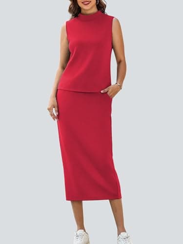 Casly Lamiit Two Piece Outfits for Women Summer Midi Skirt Set Casual Mock Neck Sleeveless Matching Sets Women Clothing Red L - Thumbnail 2