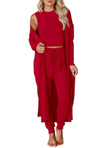 KIRUNDO 3 Piece Lounge Sets for Women Airport Travel Vacation Outfits Spring Cardigan Matching Sleeveless Top Jogger Pants(Red, Small) - Image 1