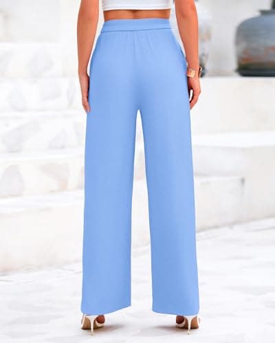 BTFBM Palazzo Pants for Women 2026 Summer Clothes Pockets High Waist Casual Knit Flowy Spring Wide Leg Trousers(Light Blue, Large) - Thumbnail 5