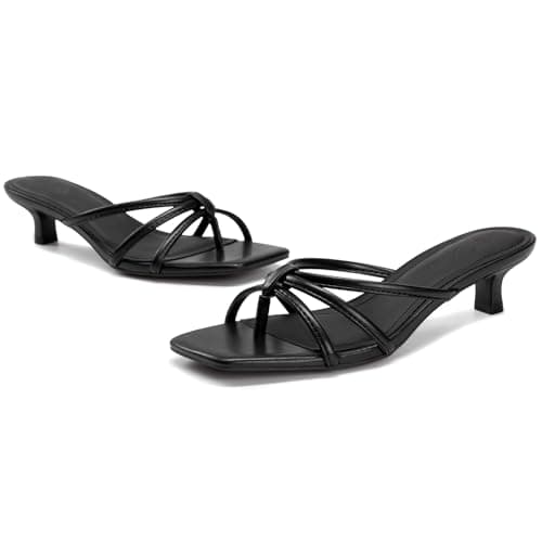 Athlefit Black Kitten Heels for Women Square Toe Summer Low Heels Slip On Flip Flop Strappy Heeled Thong Sandals Size 8 - Thumbnail 6