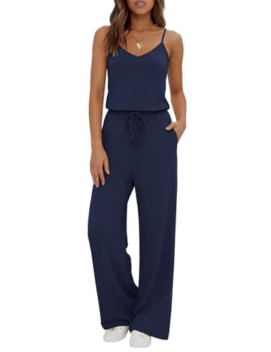Ekouaer Womens Summer Jumpsuits Dressy Sleeveless Wide Leg Long Pants Rompers Casual One Piece Outfits with Pockets Navy blue L - Image 1