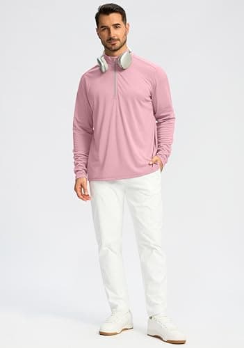 Obla Golf Quarter Zip Pullover for Men Mock Neck Sweatshirt Lightweight Sun Protection Men's Long Sleeve Golf Shirt (Pink Melange_S) - Thumbnail 6