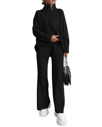 dowerme Women Spring 2 Piece Outfits 2026 Winter High Neck Sweater Sets Drawstring Wide Leg Pant Chunky Knit Lounge Set(Black,Small) - Image 1