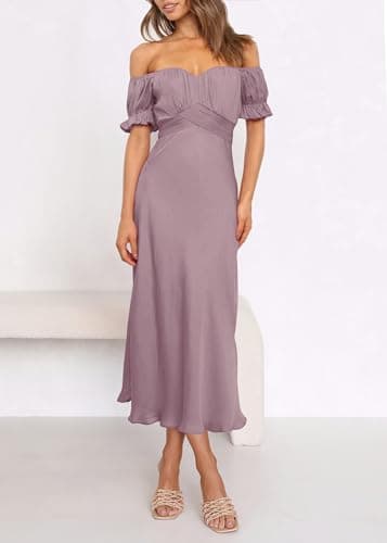 KIRUNDO Women's 2026 Spring Summer Satin Wedding Guest Midi Dress Off The Shoulder Wrap Party Cocktail Formal Prom Dresses(Pink, Small) - Thumbnail 2