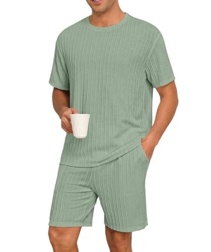 PrinStory Mens Pajamas Set Short Sleeve Crew Neck Pajama for Men 2 Piece Pjs Sets Lounge Set with Pockets Gray Green-2XL - Image 1