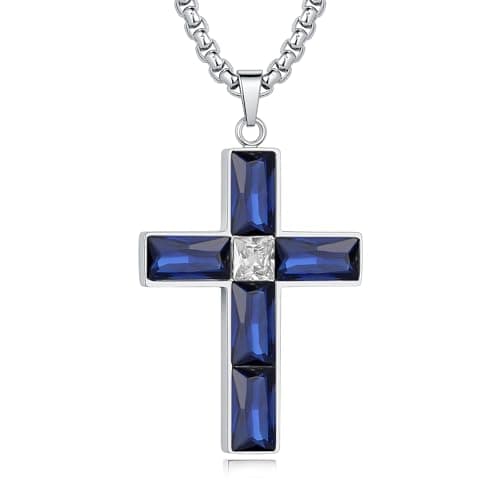 BAMIKI Cross Necklace for Men, Created Sapphire Blue Cubic Zirconia Pendant with 316L Stainless Steel, September Birthstone Necklace Faith Jewelry Gifts, Box Chain 24 Inch - Image 1