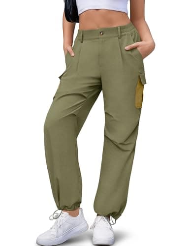 LOOKBOHO Cargo Pants Women Summer 2026 Contrast Pockets Lightweight Travel Drawstring Casual Straight Leg Trousers Army Green X-Large - Image 1