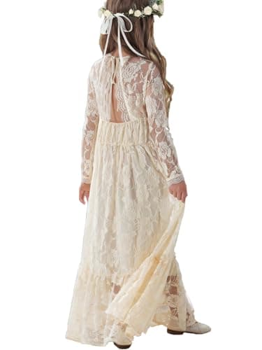 ALLOVIN Toddler & Girls Long Sleeve Lace Flower Girl Dress Maxi Boho A-Line Dress for Wedding Baptism 1st Communion | Light Yellow | 11-12Y - Image 1