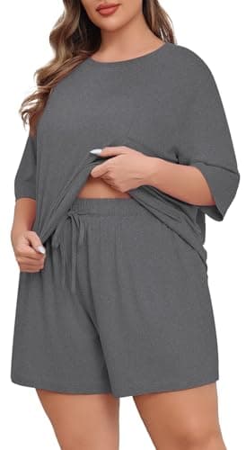 Lastshe Pajamas Set Women's Plus Size 2 Piece Soft Short Sleeve with Pockets Shorts Sleepwear Knit Pjs Loungewear Summer,Dark Grey,2X - Image 1