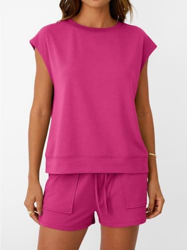 LILLUSORY Womens Lounge Two 2 piece Sets Summer Outfits 2026 Loungewear Matching Vacation Beach Travel Sweatsuits Sweat Tracksuits Pajamas Pjs Clothes Shorts Clothing Fashion Trendy Black Hot Pink L - Thumbnail 4