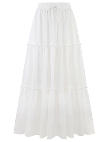 Arolina Women's White Maxi Skirt Trendy Elastic High Waist Boho Midi Skirts Summer Casual Flowy A Line Ruffle Long Skirts M - Image 1