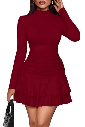 PRETTYGARDEN Womens Spring Long Sleeve Dresses 2026 Mock Neck Ruched Y2K Clothes Ruffle Layered Bodycon Mini Party Dress(Burgundy,XX-Large) - Image 1