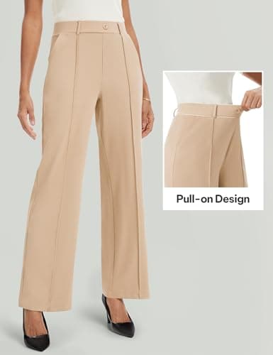 AVAMO Wide Leg Dress Pants for Women Pull On Stretchy Work Pants with Pockets High Elastic Waist Office Business Khaki - Thumbnail 5