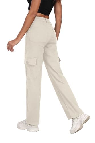 FREEOAK High-Waist Stretch Cargo Pants for Women Y2K Baggy Style with Zipper Pockets Straight Leg Trousers for Casual Wear Size Medium - Thumbnail 3
