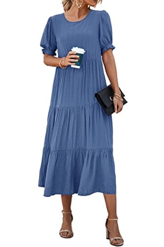 PRETTYGARDEN Summer Dresses for Women 2025 Casual Floral Boho Midi Sun Dress Puff Short Sleeve Flowy Beach Vacation Sundress (Solid Blue,Large) - Image 1